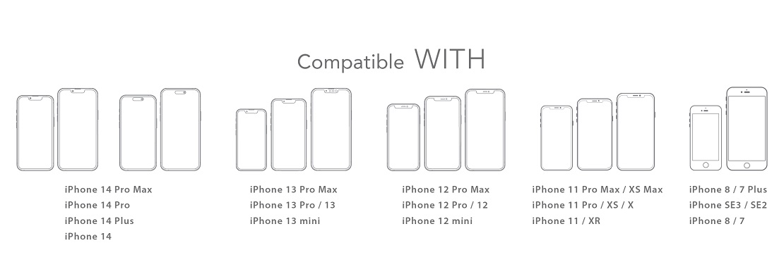 Compatible with: iPhone 14 mini, iPhone 14 Pro, iPhone 14, iPhone 14 Pro Max, iPhone 11 Pro, iPhone X/XS, iPhone 11, iPhone XR, iPhone 11 Pro Max, iPhone XS Max