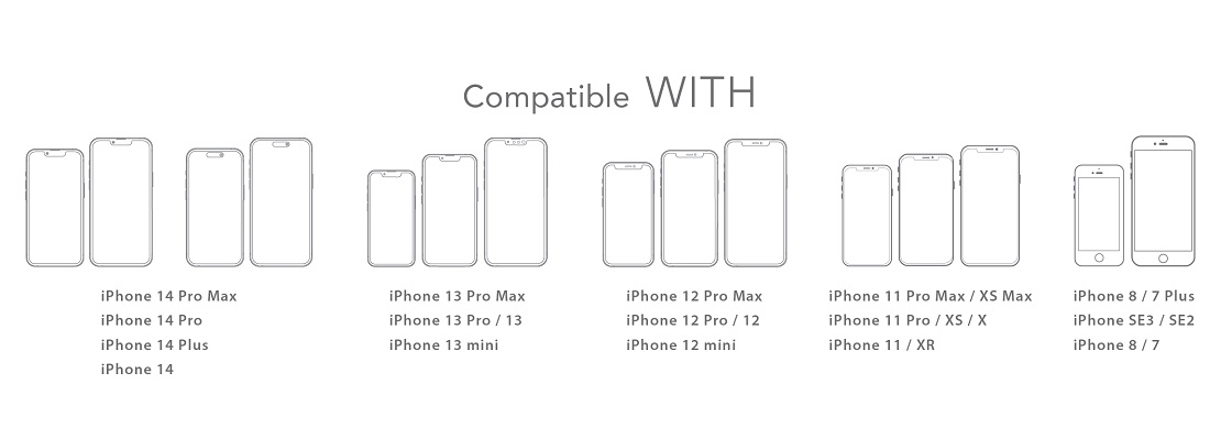 Compatible with: iPhone 14 mini, iPhone 14 Pro, iPhone 14, iPhone 14 Pro Max, iPhone 11 Pro, iPhone X/XS, iPhone 11, iPhone XR, iPhone 11 Pro Max, iPhone XS Max Compatible with: iPhone 14 mini, iPhone 14 Pro, iPhone 14, iPhone 14 Pro Max, iPhone 11 Pro, iPhone X/XS, iPhone 11, iPhone XR, iPhone 11 Pro Max, iPhone XS Max
